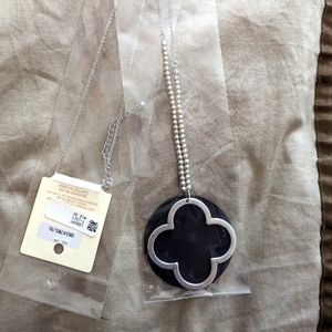 Long Black Leather Disc Backed Necklace with Silver Quatrafoil and Silver Chain